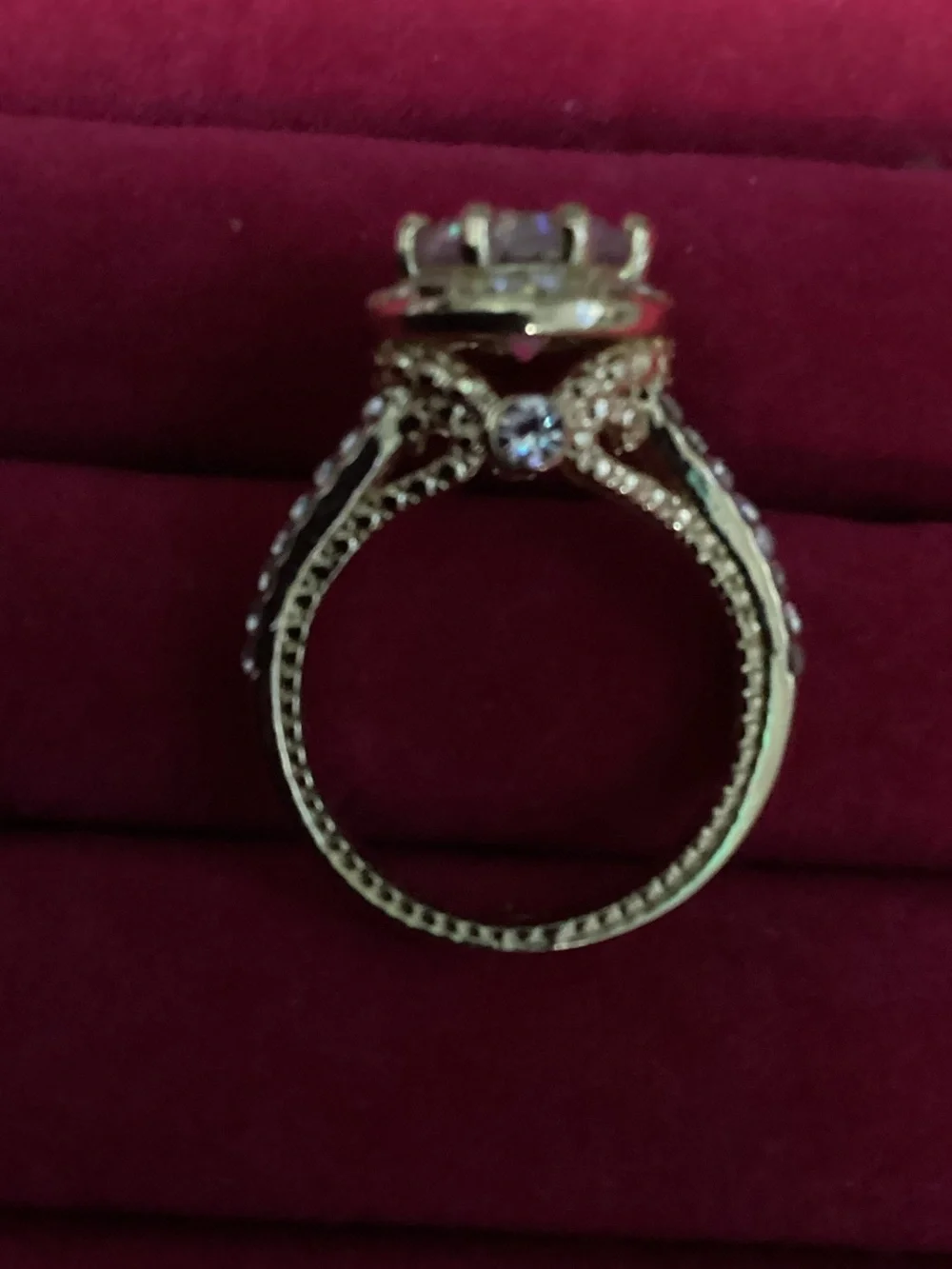 Gold Halo Solitaire Ring with Round Center Stone - size 8 - Beautiful Costume